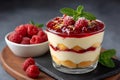 Raspberry trifle dessert with cream and cookie layers Royalty Free Stock Photo