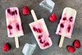 Raspberry vanilla ice pops on a rustic metal tray