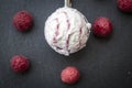 Raspberry-vanilla-icecream in icecream scoop, fresh raspberries on slate Royalty Free Stock Photo