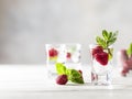 Raspberry vodka glass shot with fruit inside. Fresh summer shots for party. Berries in alcohol glass. Glass of sparkling water Royalty Free Stock Photo