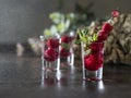 Raspberry vodka glass shot with fruit inside. Fresh summer shots for party. Berries in alcohol glass. Glass of sparkling water Royalty Free Stock Photo