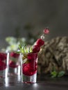 Raspberry vodka glass shot with fruit inside. Fresh summer shots for party. Berries in alcohol glass. Glass of sparkling water Royalty Free Stock Photo