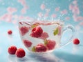 Raspberry water in light cup with floating berries, soft white scene and free zone top Royalty Free Stock Photo