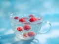 Raspberry water in light cup with floating berries, soft white scene, and open top zone for text or branding Royalty Free Stock Photo