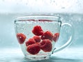Raspberry water in light cup with floating berries, soft white scene, and open top zone for text or branding Royalty Free Stock Photo