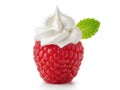 Raspberry with whipped cream and mint leaf isolated on white background Royalty Free Stock Photo