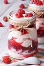 Raspberry yogurt in a glass jar closeup vertical Royalty Free Stock Photo