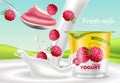 Raspberry yogurt Vector realistic. Product placement mock up. Fresh yogurt splash with fruits. Label design. 3d detailed