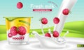 Raspberry yogurt Vector realistic. Product placement mock up. Fresh yogurt splash with fruits. Label design. 3d detailed