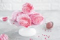 Raspberry zephyr, Russian marshmallows on a cake stand on a grey concrete background. Copy space, selective focus Royalty Free Stock Photo