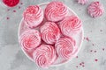 Raspberry zephyr, Russian marshmallows on a cake stand on a grey concrete background. Copy space, selective focus Royalty Free Stock Photo