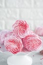 Raspberry zephyr, Russian marshmallows on a cake stand on a grey concrete background. Copy space, selective focus Royalty Free Stock Photo
