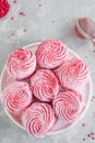 Raspberry zephyr, Russian marshmallows on a cake stand on a grey concrete background. Copy space, selective focus Royalty Free Stock Photo