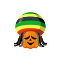 Rasta Halloween. Rastaman hat and dreadlocks. Pumpkin for Rastafarians. Symbol terrible holiday in Jamaican style