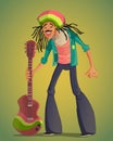 Rastafarian man with dreadlocks and guitar. Funny cartoon character.