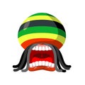 Rastaman screams. Rasta cry. Open your mouth and teeth. Loud scream. Rastafarian hat and dreadlocks. Reggie illustration