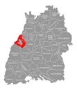 Rastatt county red highlighted in map of Baden Wuerttemberg Germany