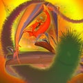 Raster Abstract, Stylized Image of a Meeting of a Fantastic Red Dragon and A Snake Covered with Bristles