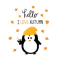 Raster autumn illustration with cute Penguin print or card. Hand lettering on white background.