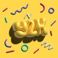 Raster 3d modeling clay word - Y2K. Realistic 3d render lettering on yellow background with metallic confetti. Creative