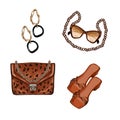 Raster of fashion set of earrings, bag, sunglasses, shoes. Fashionable image elements. Trendy fashion elements.