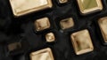 Raster golden texture, gold level lines pattern, curved square rounded metal plates background with reflection. Abstract