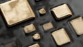 Raster golden texture, gold level lines pattern, curved square rounded metal plates background with reflection. Abstract