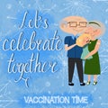 Raster holiday illustration with lettering, vaccinated grandparents with granddaughter. Royalty Free Stock Photo