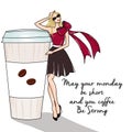 Raster illustration of coffee and blonde girl on text background