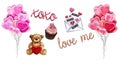 Raster Illustration - Collection of objects - Valentine Theme - Balloons, teddy bear, love letter, cupcake, texts