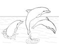 Raster of imitation retro comic style. Rest on the sea, three dolphins play in the water. Book coloring for children