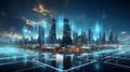 Raster illustration of metropolis of the future skyscrapers, city skyline at night. Generative Ai Illustration Royalty Free Stock Photo