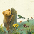 Raster illustration with teddy bear, bird, plants and mushrooms. Forest picture