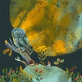 Raster illustration with an owl, plants and mushrooms. Forest picture