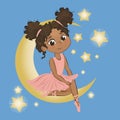 Raster illustration of a ute little ballerina. A dark-skinned girl in a pink dress sits on the moon against the blue sky Royalty Free Stock Photo