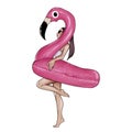 Raster image - Girl posing with inflatable floating pool flamingo Royalty Free Stock Photo