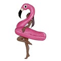 Raster image - Girl posing with inflatable floating pool flamingo