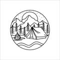 Raster mountains logo. Line art. Moon, stars and campfire. Black and white landscape. Camping, hiking symbol. Hand drawn Royalty Free Stock Photo