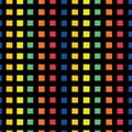 Raster rainbow seamless vestor pattern. Hand drawn orange, yellow, green, orange, red,and blue squares on black background. Royalty Free Stock Photo