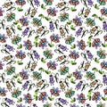 Raster seamless floral doodle pattern in cartoon style, multicolored, contour bell flowers and corolla decorative flowers