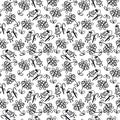 Raster seamless floral outline pattern in doodle style, black and white, contour bell flower and corolla decorative flowers