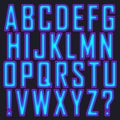 Raster set of capital letters of the Latin alphabet, exclamation and question marks. Neon pink - blue isolated letters.