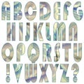 Raster set of textured latin letters, exclamation and question marks. Abstract color texture with a metallic tint.