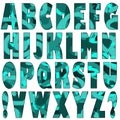 Raster set of textured latin letters, exclamation and question marks. Abstract texture with green and turquoise spots.