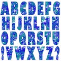 Raster set of textured latin letters, exclamation and question marks. Abstract texture with white, blue and turquoise spots.