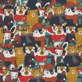 Raster vintage christmas seamless pattern with festive animals wearing warm winter clothes. retro xmas repeating background Royalty Free Stock Photo