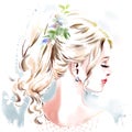 Raster watercolor illustration with elegant woman. Hand drawing