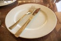 Empty plate with fork and spoon, waiting service on the table! Royalty Free Stock Photo