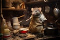 Rat in apron are in charge of old dirty kitchen, unwashed dishes and leftover food. Generative AI Royalty Free Stock Photo