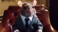 rat as president wearing costume and sitting in president chair, neural network generated image